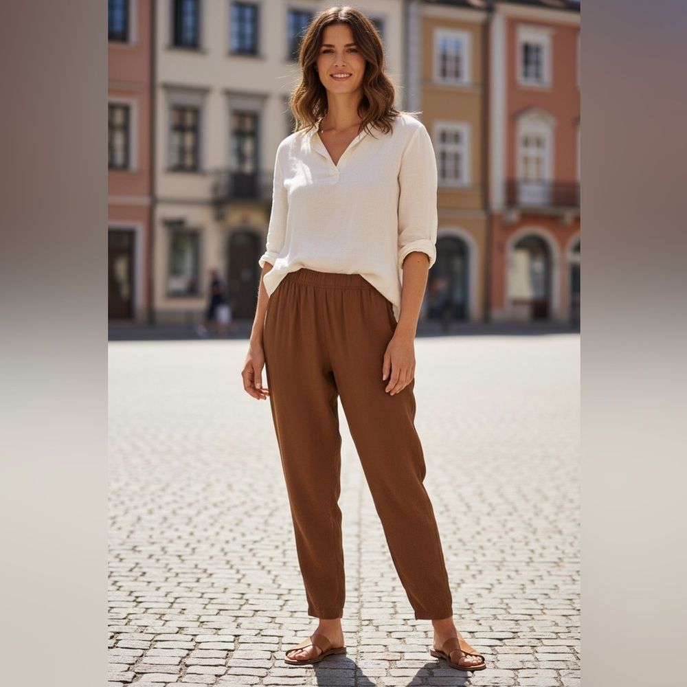 Everlane Brown Crepe Acetate Blend High Rise Elastic Waist Pull On Pants Size S